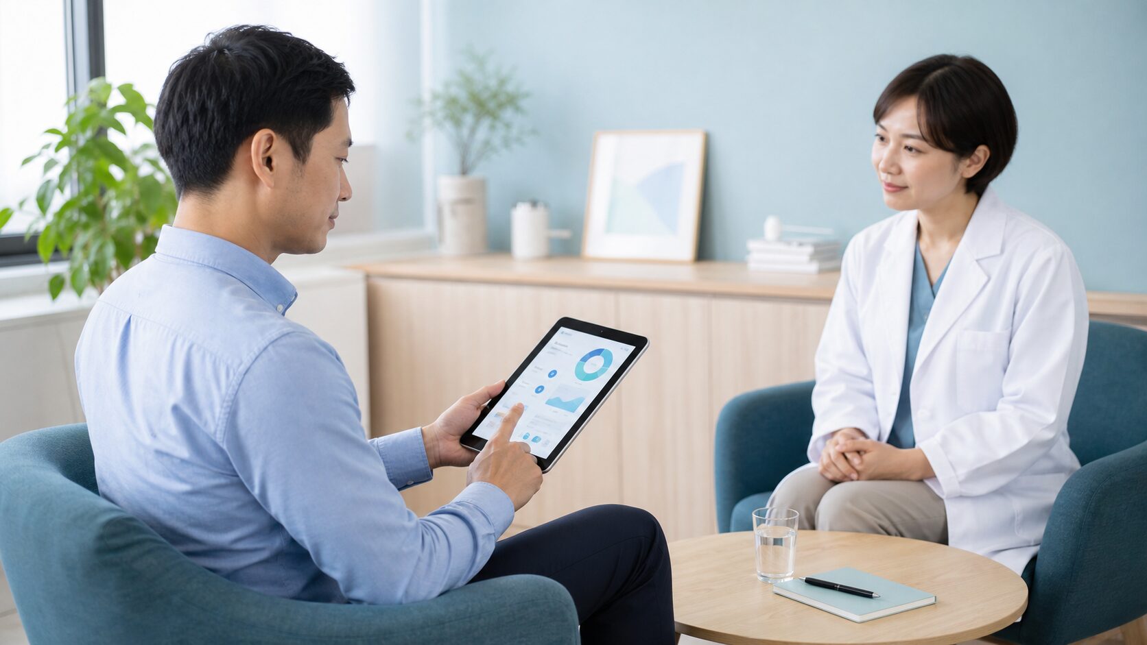 タブレットで疲労蓄積度を確認する従業員