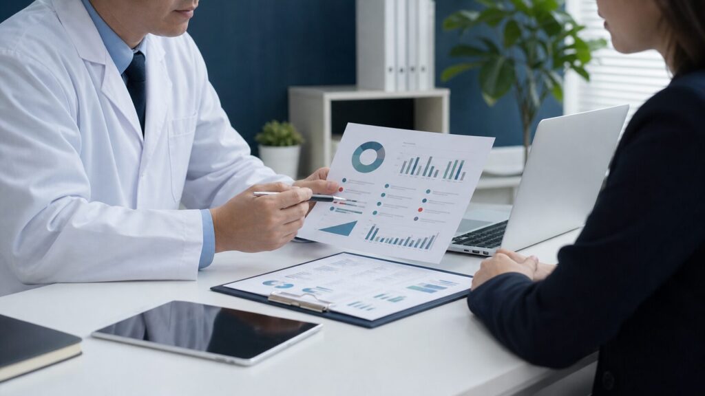 健康診断結果の対応フローを確認する産業医と人事担当者