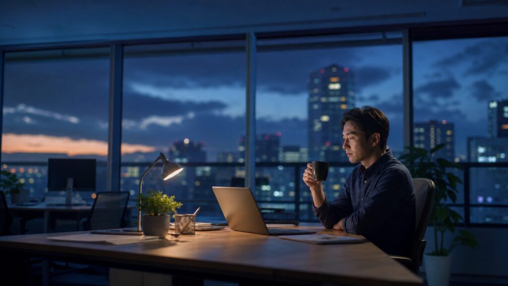 夜のオフィスで長時間労働をする従業員