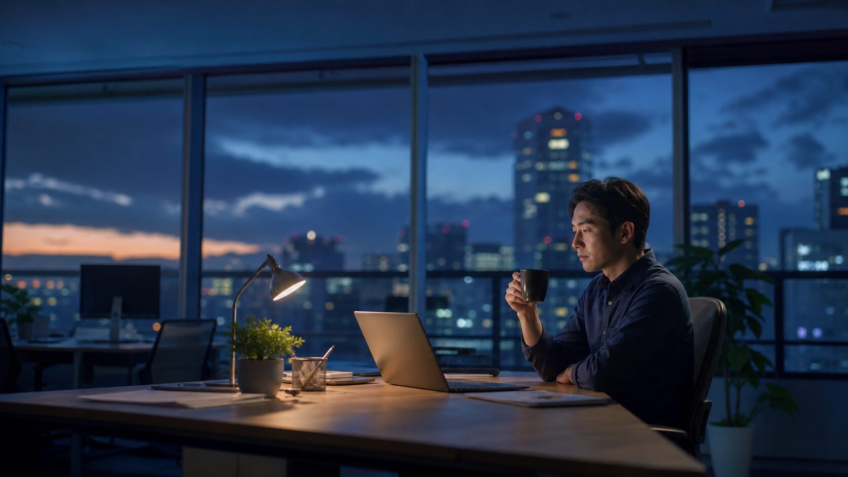 夜のオフィスで長時間労働をする従業員